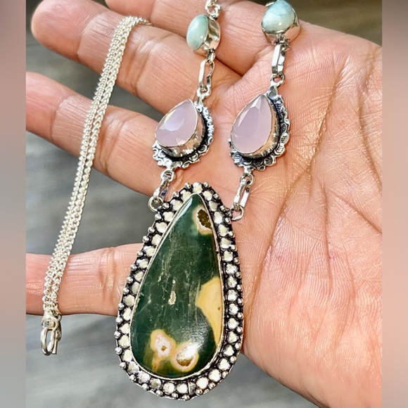 Rainforest Jasper, Chalcedony & DR Larimar Pendant Necklace - Picture 3 of 12